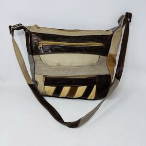 Genuine Leather‎ Purse Made In Mexico Color Block Brown Beige Gray Shoulder Bag